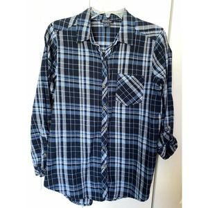 Lucky Brand Shirt Women M Blue Plaid Button Up Lightweight Long Sleeve Pocket